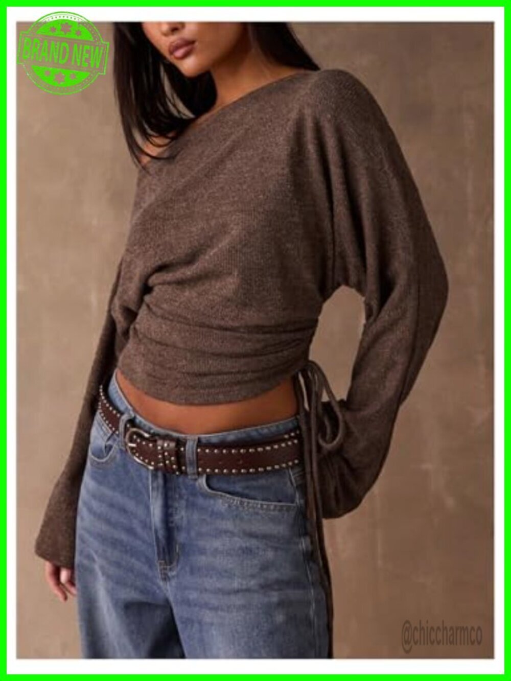 Off Shoulder Crop Top Drawstring Ruched Long Sleeve Ribbed Tee - Picture 4 of 5
